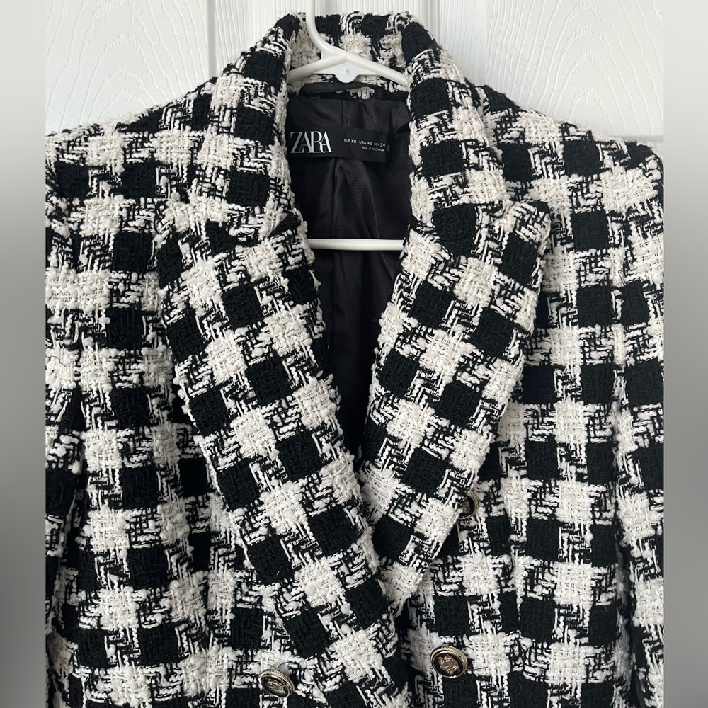 Zara Black White Houndstooth Tweed Blazer XS - Picture 2 of 7